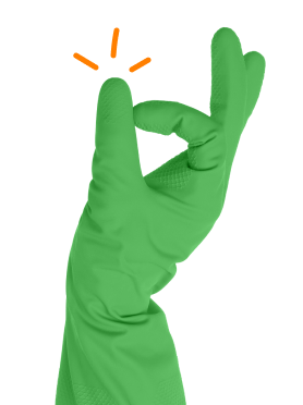 Green cleaning glove making an OK gesture